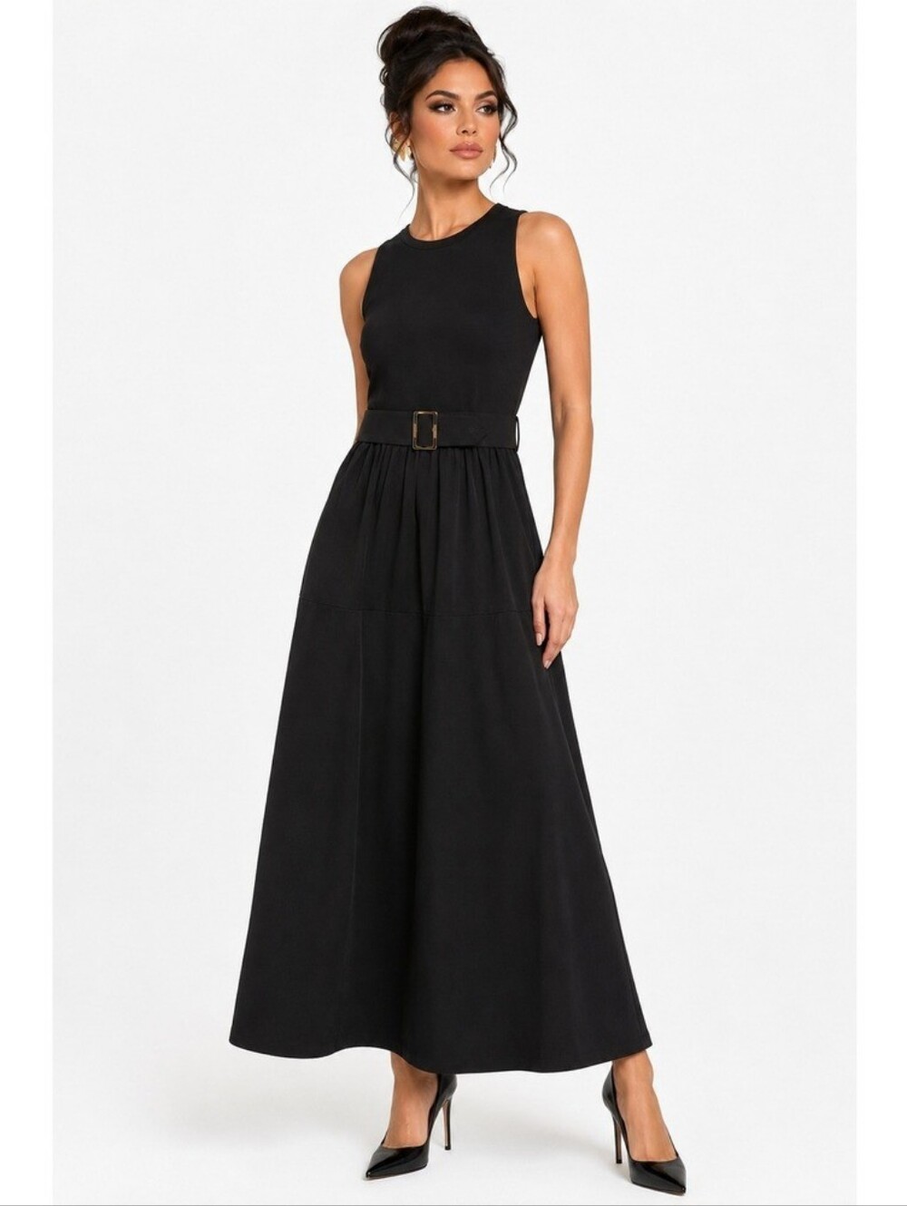 41 Hawthorn Black Sleeveless Belted Maxi Dress with Square Buckle Detail, New!
